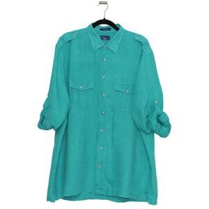 Vintage Paul Fredrick 100% Linen Button Up Blouse Teal Green XLT